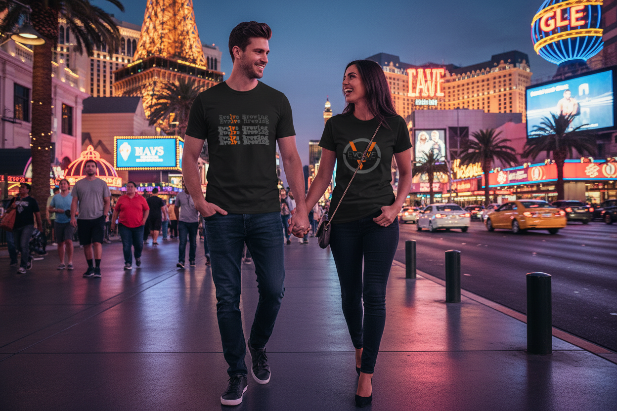 Man and woman wearing Evolve Brew CT and Badge - Ladies t-shirts walking down Vegas street